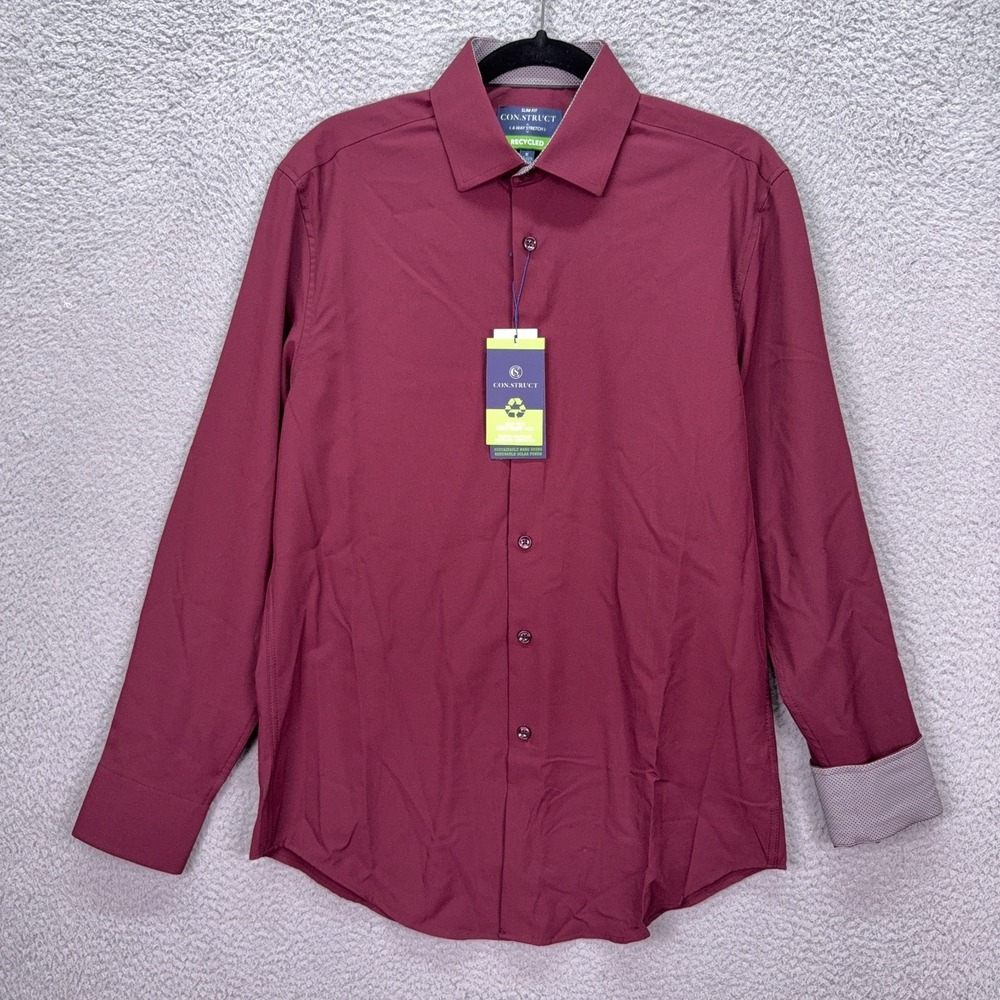 Construct Shirt Mens M Burgundy Button Up Performance Stretch Slim Fit Recycled